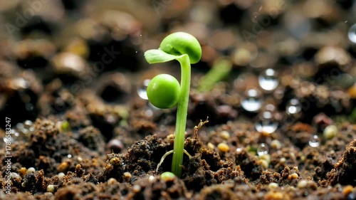 Close-Up of Growing Seedling Emerging from Soil in Early Stage of Plant Development.