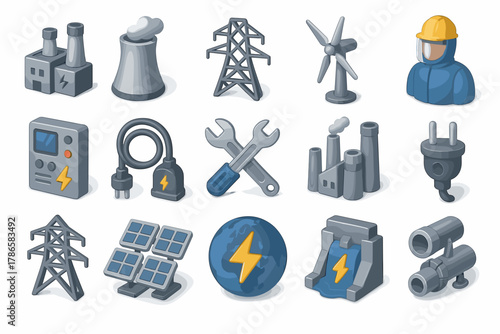 Energy Industry and Power Generation Icons Set