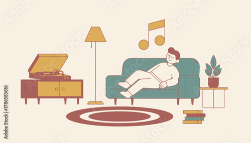 A cozy living room scene with a vinyl record player spinning while someone sits on the couch lost in the music surrounded by retro decor.