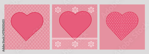 Set with romantic Valentine s Day greeting card with pink heart, lace flowers.