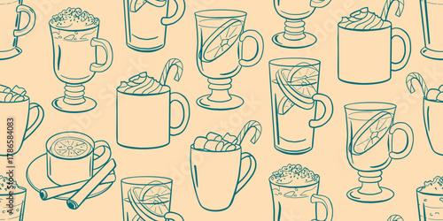 Pattern with hot winter drinks, cocoa, mulled wine, chocolate, eggnog, peppermint mocha. Hand drawn mugs, glasses, monochrome doodle vector seamless