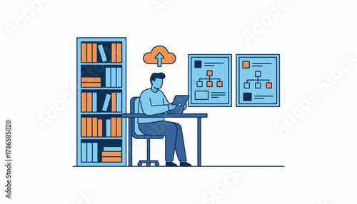 A creative workspace with an employee taking advantage of professional development opportunities surrounded by books and innovative project boards.