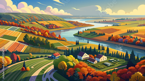 Very beautiful aerial view of the Mississippi River and surrounding farm fields in northern Minnesota, USA, on a bright autumn morning, featuring colorful fall foliage and a realistic rural landscape.