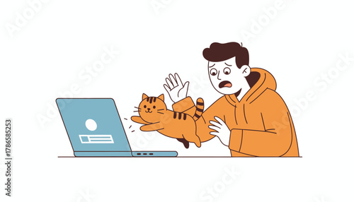A humorous take on a students distraction with a pet cat trying to jump onto the laptop during an online test.