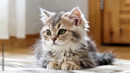 Cute Fluffy Tabby Cat Lying Indoors with Playful Expression.
