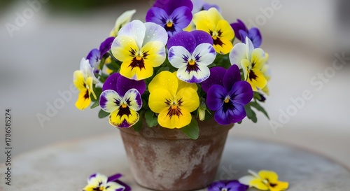 Vibrant yellow, purple, and white pansies bloom with refreshing water droplets in a rustic terracotta pot
