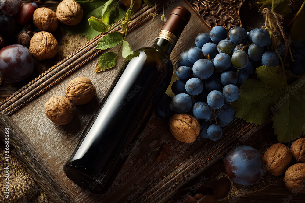 Obraz premium Bottle of red wine with fresh grapes, walnuts, and plums, autumn still life harvest on rustic wooden tray