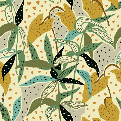 Botanical tropical leaves with animal skin spots seamless pattern. Hand drawn jungle repeat background, summer tropic foliage, leaves. Vector wallpaper, textile design, prints, cover, fabric, fashion.