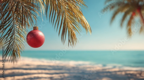 Fototapeta Naklejka Na Ścianę i Meble -  Single red Christmas ornament hanging from palm tree branch. Tropical beach panorama background