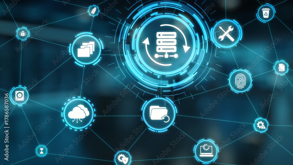 Fototapeta premium Data recovery icons show backup, data recovery process, and secure restoration. Data recovery ensures system reliability, data recovery protection, and information access. Gist