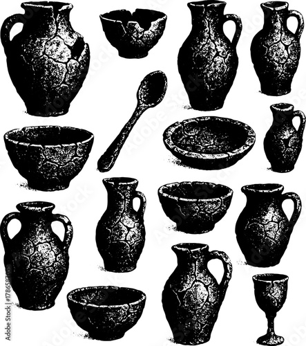 Ancient pottery set, xerography halftone photocopy art, black and white ceramic collection, isolated on transparent background