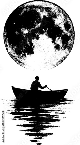 Man in boat under full moon, xerography halftone surreal art, black and white photocopy illustration, isolated on white background