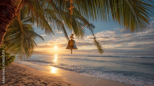 Fototapeta Naklejka Na Ścianę i Meble -  Golden Christmas bell hanging from coconut palm. Sunset beach background
