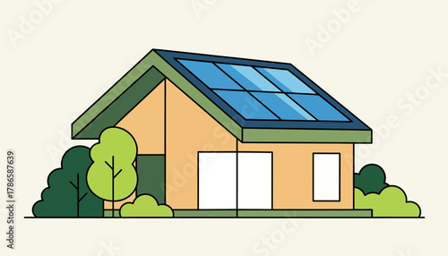Solar panels glistening under the sun installed on the roof of a modern ecofriendly house with lush vegetation nearby.