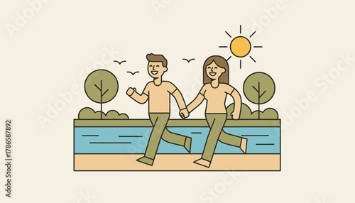 A couple jogs handinhand along a sunlit riverside path their laughter blending with the sounds of nature around them.