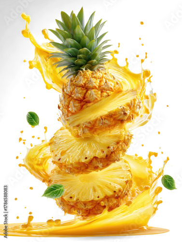 Golden pineapple rings and chunks twist through space with a swirl of tropical juice splashes