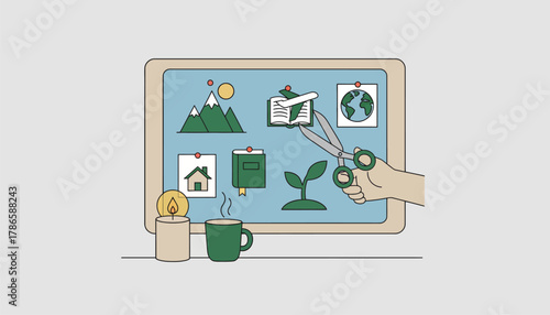 A serene workspace where a vision board is in progress with a lit candle and a cup of herbal tea in the foreground.