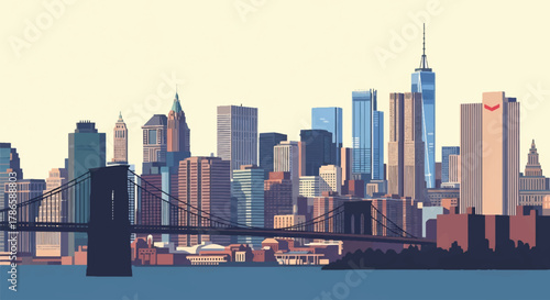 Flat vector skyline of New York City with dense tall skyscrapers and bridge silhouette. Solid bold colors, clean minimalist shapes, no gradients. Perfect for travel posters and editorial design