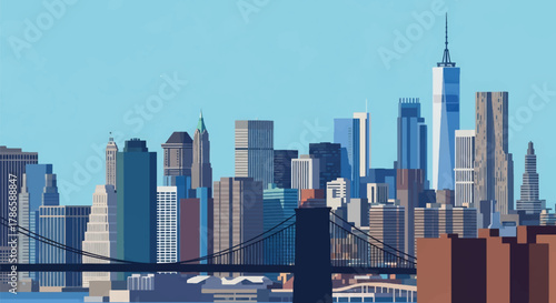 Flat vector skyline of New York City with dense tall skyscrapers and bridge silhouette. Solid bold colors, clean minimalist shapes, no gradients. Perfect for travel posters and editorial design