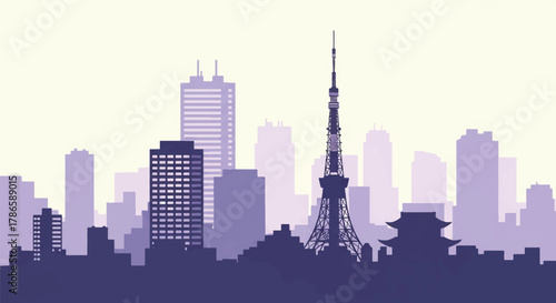 Flat vector skyline of Tokyo featuring modern skyscrapers and slim tower silhouette. Solid colors, clean geometric shapes, no gradients. Ideal for travel concepts and digital editorial use