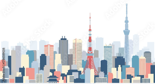 Flat vector skyline of Tokyo featuring modern skyscrapers and slim tower silhouette. Solid colors, clean geometric shapes, no gradients. Ideal for travel concepts and digital editorial use