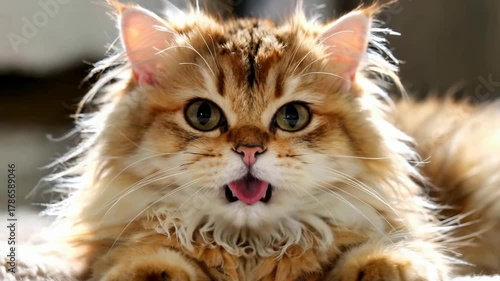 Cute Fluffy Cat Making Funny Faces Close Up.