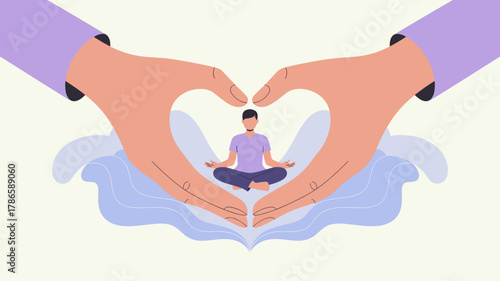 hands making a heart shape around a meditating man, vector illustration for self-care and mental wellbeing