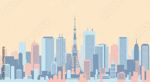 Flat vector skyline of Tokyo featuring modern skyscrapers and slim tower silhouette. Solid colors, clean geometric shapes, no gradients. Ideal for travel concepts and digital editorial use