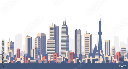 Flat vector skyline of Tokyo featuring modern skyscrapers and slim tower silhouette. Solid colors, clean geometric shapes, no gradients. Ideal for travel concepts and digital editorial use