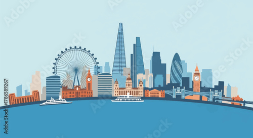 Flat vector skyline of London with balanced mix of modern buildings and wheel-shaped silhouette on riverside layout. Solid color blocks, no gradient. Ideal for travel branding and editorial visuals