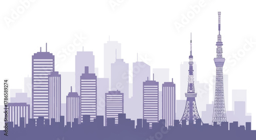 Flat vector skyline of London with balanced mix of modern buildings and wheel-shaped silhouette on riverside layout. Solid color blocks, no gradient. Ideal for travel branding and editorial visuals