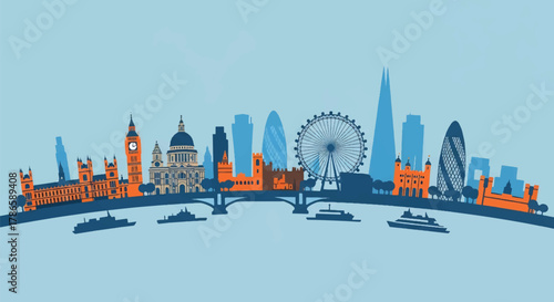 Flat vector skyline of London with balanced mix of modern buildings and wheel-shaped silhouette on riverside layout. Solid color blocks, no gradient. Ideal for travel branding and editorial visuals