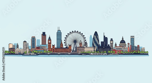 Flat vector skyline of London with balanced mix of modern buildings and wheel-shaped silhouette on riverside layout. Solid color blocks, no gradient. Ideal for travel branding and editorial visuals