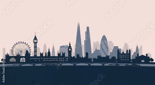 Flat vector skyline of London with balanced mix of modern buildings and wheel-shaped silhouette on riverside layout. Solid color blocks, no gradient. Ideal for travel branding and editorial visuals
