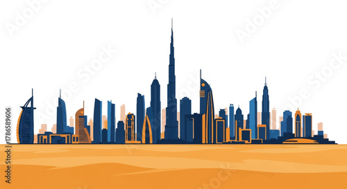 Flat vector skyline of Dubai featuring futuristic tall skyscrapers in sharp vertical shapes. Solid warm palette, no gradients. Designed for travel advertising, branding visuals, and posters