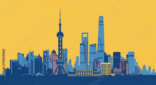 Flat vector skyline of Shanghai with needle-topped tower and rounded futuristic buildings. Solid color blocks, no gradients. Perfect for business, travel, editorial, and infographic use
