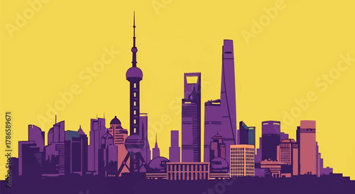 Flat vector skyline of Shanghai with needle-topped tower and rounded futuristic buildings. Solid color blocks, no gradients. Perfect for business, travel, editorial, and infographic use