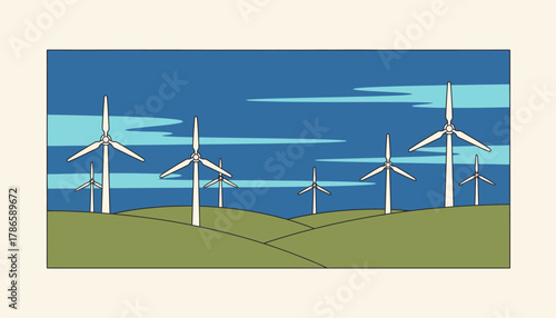 A panoramic landscape featuring a of wind turbines on rolling hills with wispy clouds drifting across a clear blue sky.