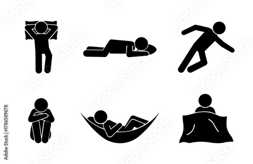 Stickman Sleeping Poses Collection – Black Vector Icons.