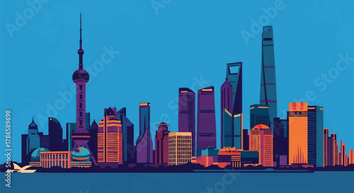 Flat vector skyline of Shanghai with needle-topped tower and rounded futuristic buildings. Solid color blocks, no gradients. Perfect for business, travel, editorial, and infographic use