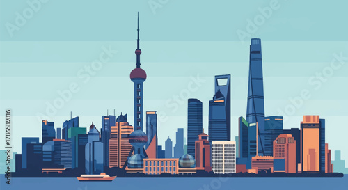 Flat vector skyline of Shanghai with needle-topped tower and rounded futuristic buildings. Solid color blocks, no gradients. Perfect for business, travel, editorial, and infographic use