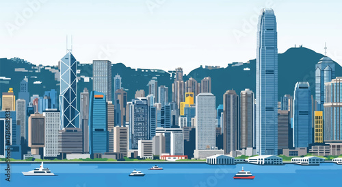 Flat vector skyline of Hong Kong showing dense vertical skyscrapers along mountain coastline. Solid bold colors, no gradients. Great for financial themes and travel visuals
