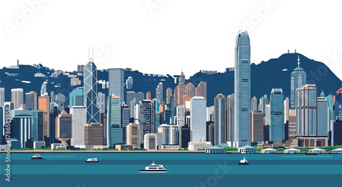 Flat vector skyline of Hong Kong showing dense vertical skyscrapers along mountain coastline. Solid bold colors, no gradients. Great for financial themes and travel visuals