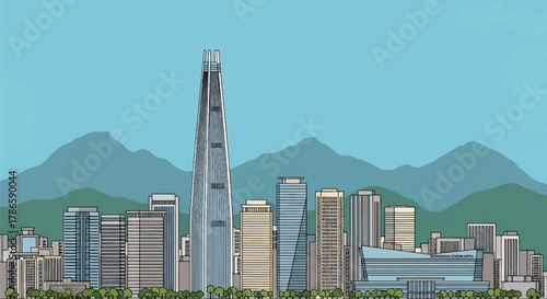 Flat vector skyline of Seoul with clean building blocks and surrounding mountains. Solid color shapes, no gradients. Suitable for travel marketing, editorial layouts, and infographic design