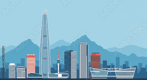 Flat vector skyline of Seoul with clean building blocks and surrounding mountains. Solid color shapes, no gradients. Suitable for travel marketing, editorial layouts, and infographic design