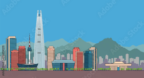 Flat vector skyline of Seoul with clean building blocks and surrounding mountains. Solid color shapes, no gradients. Suitable for travel marketing, editorial layouts, and infographic design
