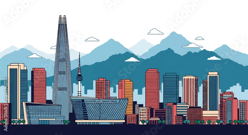 Flat vector skyline of Seoul with clean building blocks and surrounding mountains. Solid color shapes, no gradients. Suitable for travel marketing, editorial layouts, and infographic design