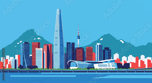 Flat vector skyline of Seoul with clean building blocks and surrounding mountains. Solid color shapes, no gradients. Suitable for travel marketing, editorial layouts, and infographic design