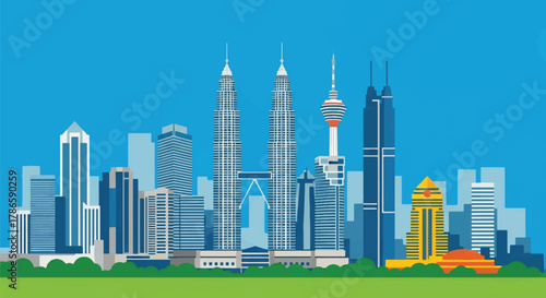 Flat vector skyline of Kuala Lumpur with two matching skyscrapers connected by elevated deck. Solid bold colors, no gradients. Ideal for travel design, posters, and editorial use