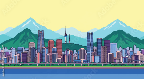 Flat vector skyline of Seoul with clean building blocks and surrounding mountains. Solid color shapes, no gradients. Suitable for travel marketing, editorial layouts, and infographic design